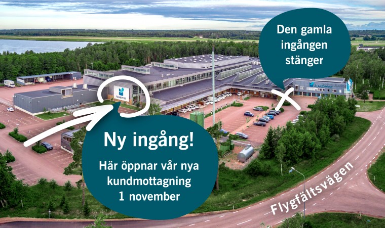 Flygfoto på Sviby Postterminal med utmarkerat var man hittar nya ingången till Kundmottagningen
